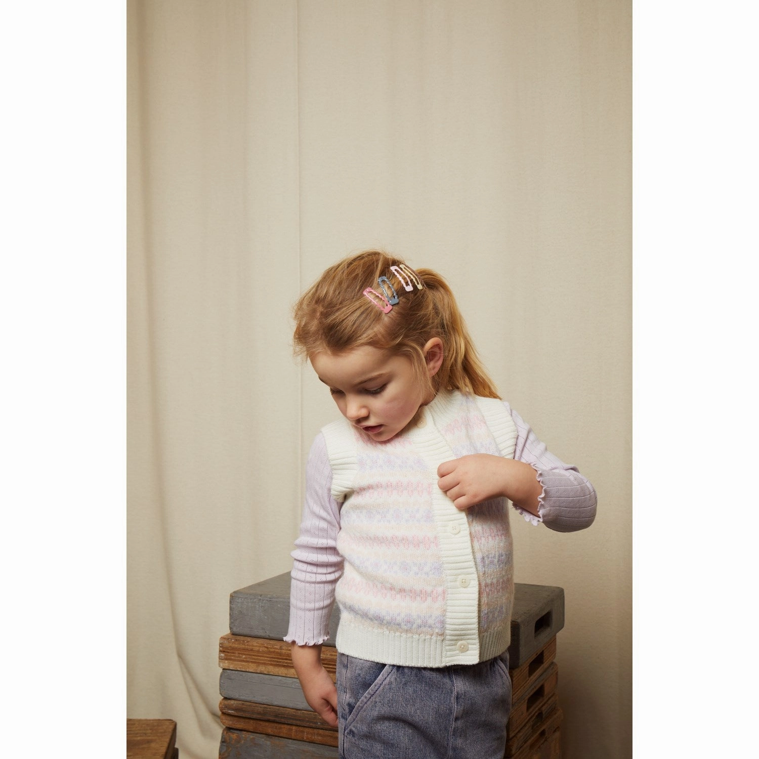 Adaptable sufficient COPENHAGEN COLORS Lavender Combi Merino Pattern Button Vest