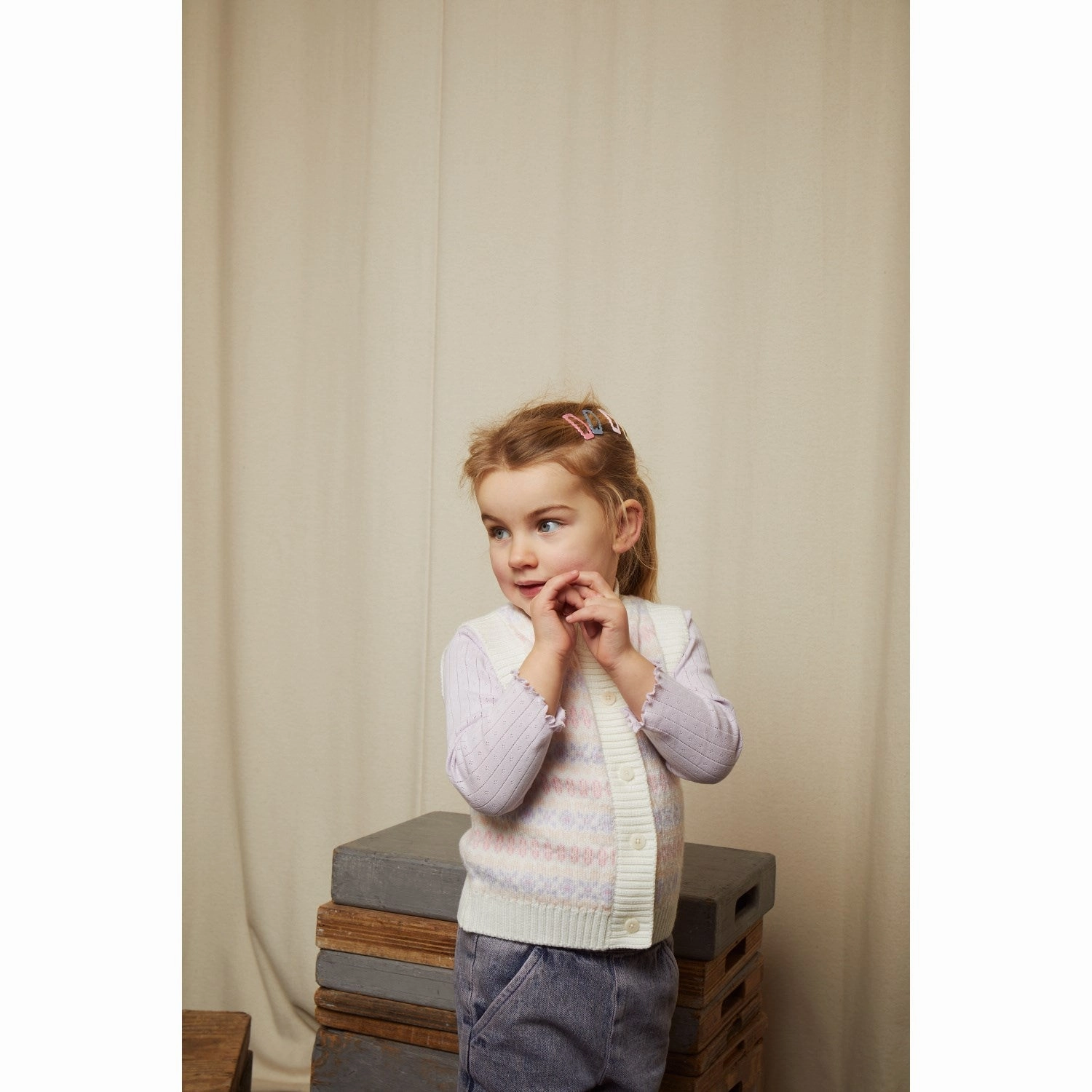 Thick Dark COPENHAGEN COLORS Lavender Combi Merino Pattern Button Vest