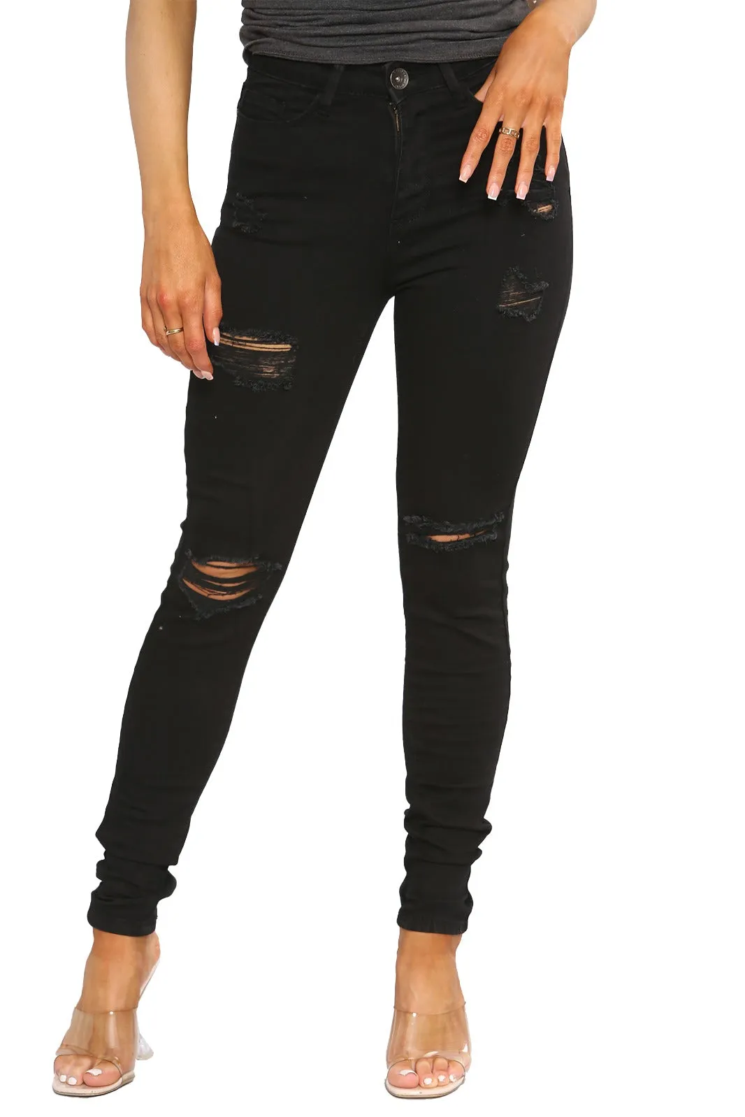 Enzo Designer | Womens Skinny Stretch Ripped Denim Jeans Minimal Look Laser Cut Edges