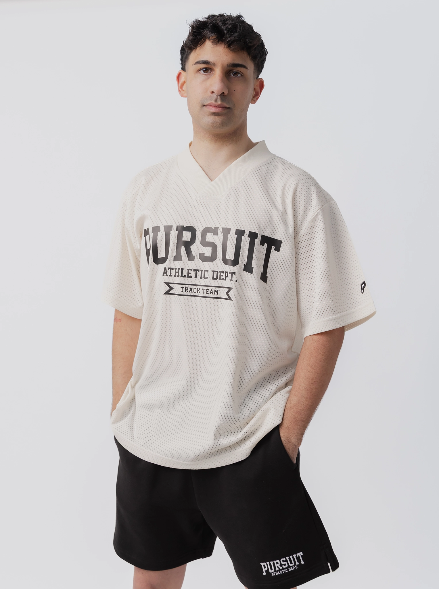 Drop Shoulder Construction Varsity Mesh Jersey in Bone