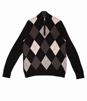 Tommy Hilfiger Mens Black Argyle Quarter Zip (Size M) OdorResistant Finish Low Maintenance Knit